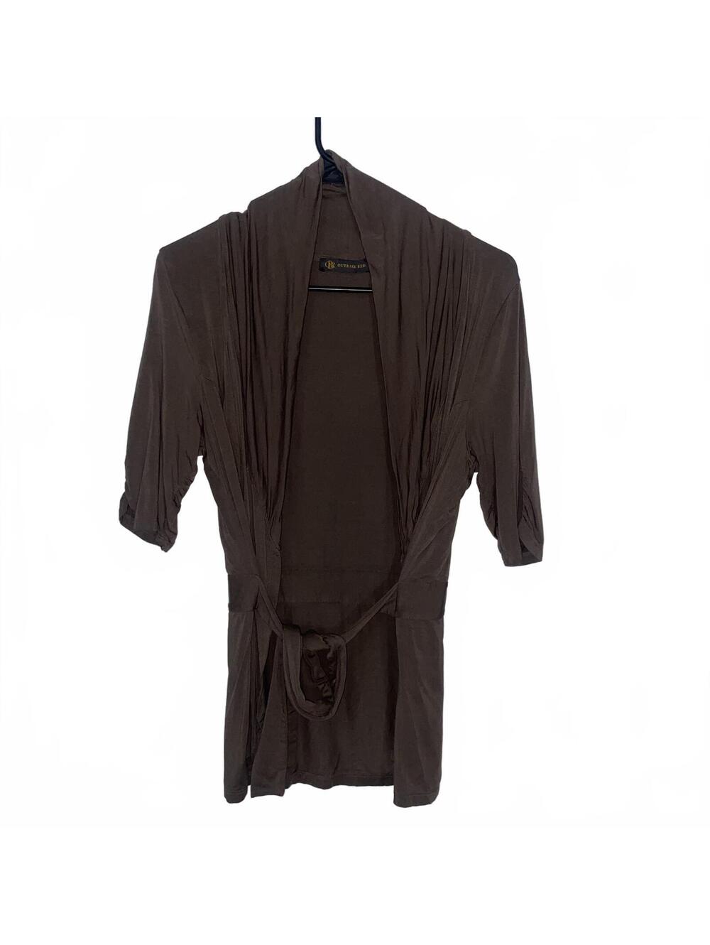 Brown Open Front Tie Waist Cardigan Boho Minimalist Lightweight Layering Top